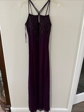 Beaded Strappy Maxi Dress in Deep Plum
